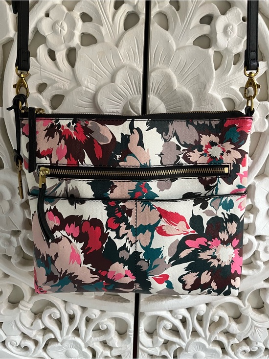 Fossil Handbags - Fossil Floral Crossbody Bag Pink Black Zip Brass Key Adjustable Shoulder Purse
